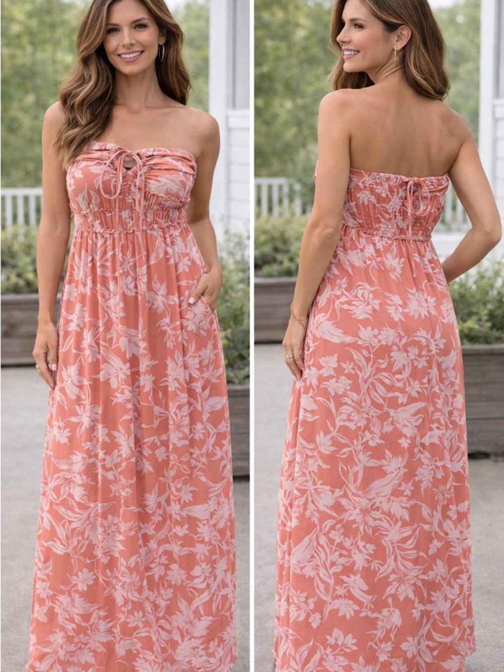 Strapless Coral Floral Maxi Dress